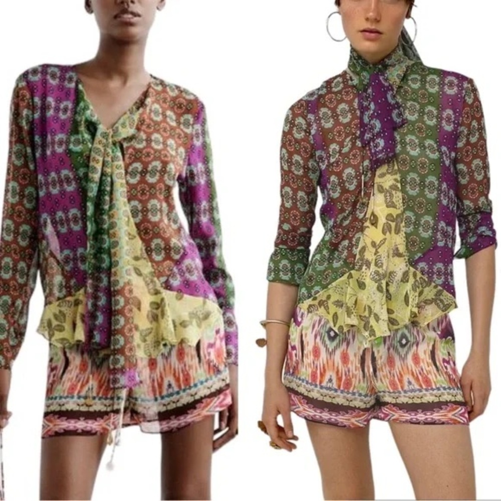 Zara Sheer Printed Blouse Neck Tie Front Size XL
